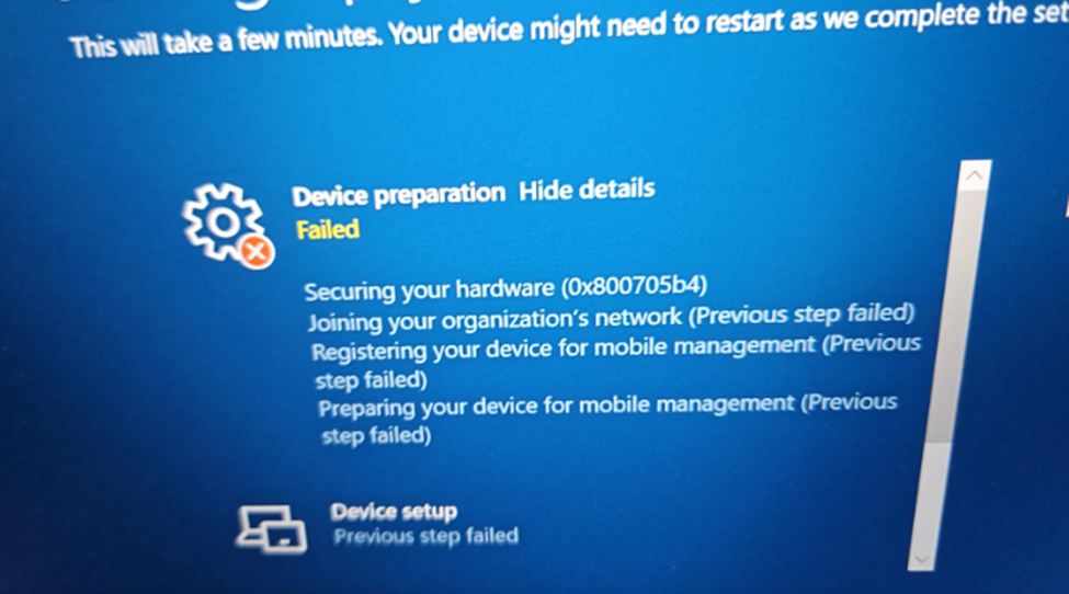 Autopilot for Pre-Provisioned deployments failing on securing your hardware and showing the 0x800705b4 error