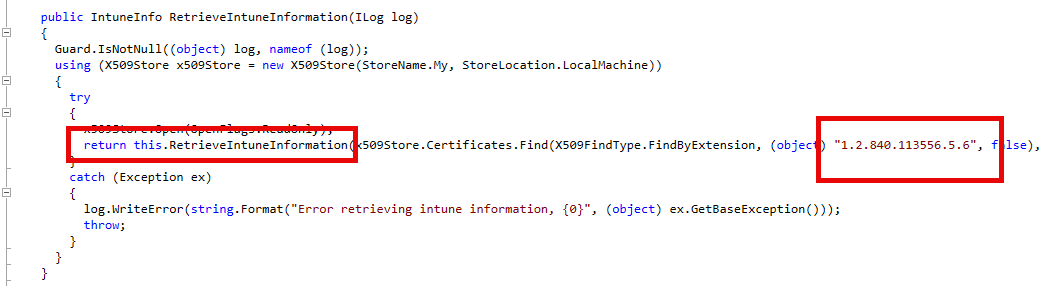 The RetrieveIntuneInformation function that retrieves the Intune Tenant by looking at the OID 1.2.840.113556.5.6