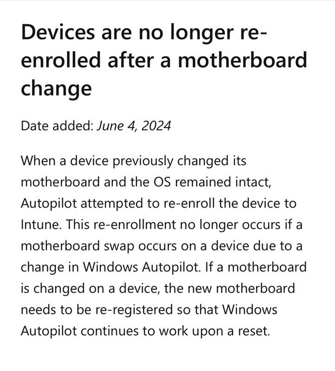 Microsoft mentioning the fact that devices are no longer re-enrolled after a motherboard change