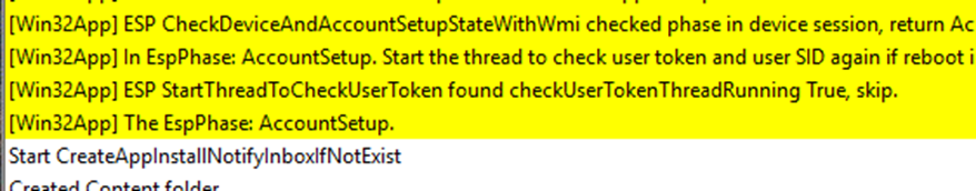 the appworkload.log showing the ime was stuck in the esp. It was stuck in the AccountSetup / User ESP