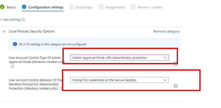 Configuring administrator protection by configuring an Intune Settings catalog and defining the user account control type of admin approval mode