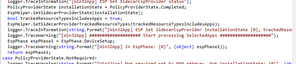 a snippet from the IME code showing how it checks the sidecar csp status to determine if the device is still in the esp