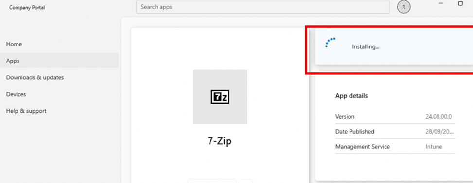 Installing the App was stuck on 100% in the company portal