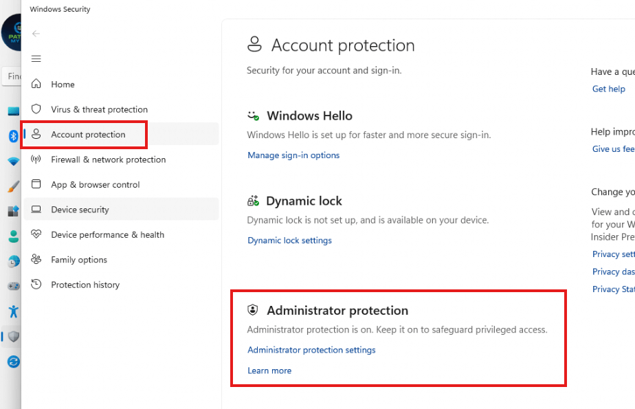 activating the administrator protection from the Windows Security Settings