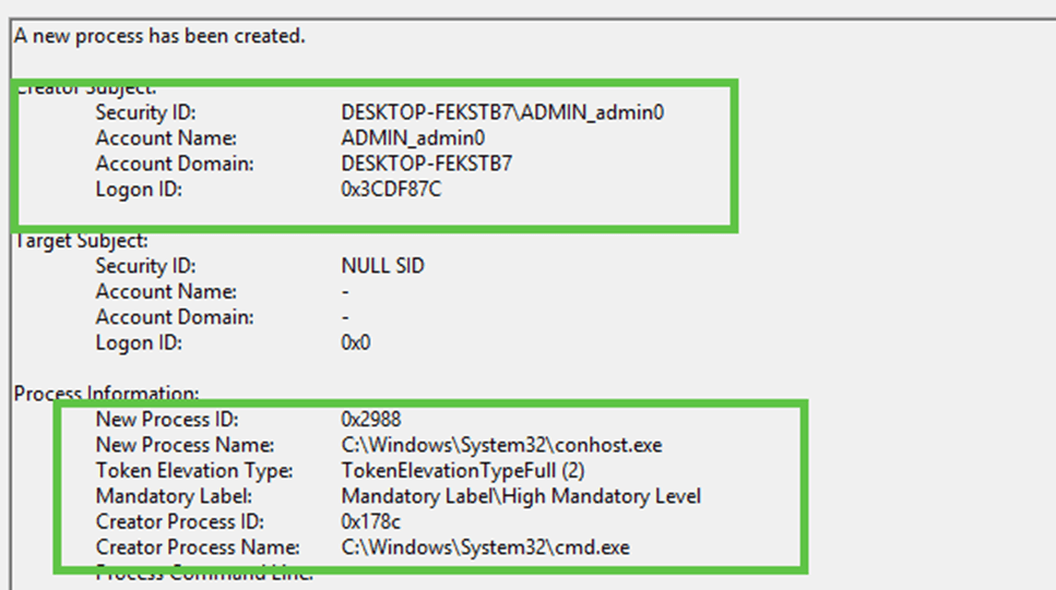 inside the security log we will notice that a new process is being created that will run under the system managed account with the tokenelevationtype full 2