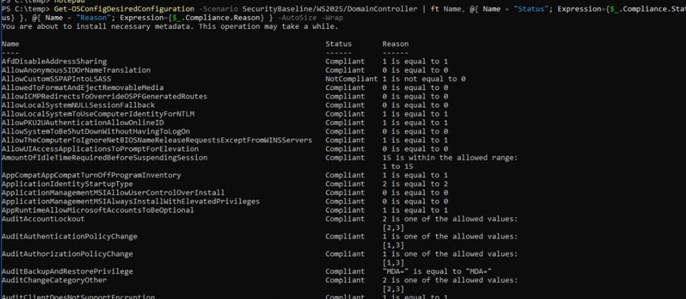 the get-osconfigdesiredconfiguration command will show if all policies are compliant and if they are at drift