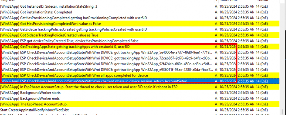 the Intune Management Extension will kick off the CheckDeviceAndAccountSetupStateWithWmi IME function to check if all the requried tracked apps are installed and completed