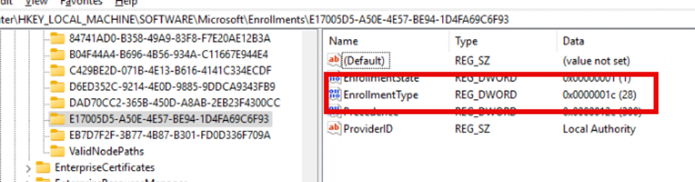 A new enrollment will show up in the enrollments registry after installing the PowerShell OSConfig Module