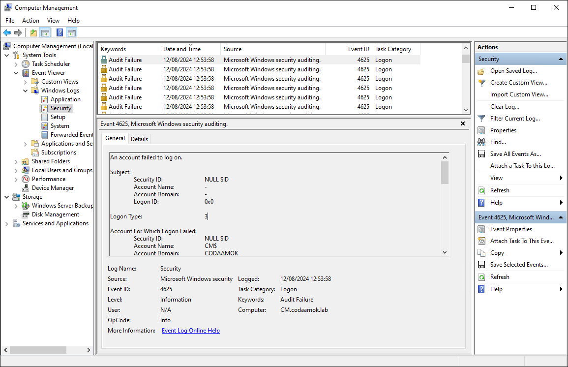 A screenshot of event ID 4625 in the Event Viewer