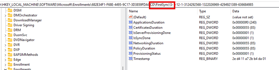 Inside the firstsync registry key we will spot if the syncisdone. If the first sync of the user is completed this registr key will be set to 1