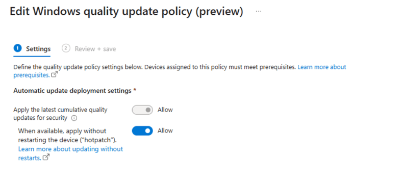 configure the automatic update deployment settings to configure the option: when available, apply without restarting the device ("hotpatch") 