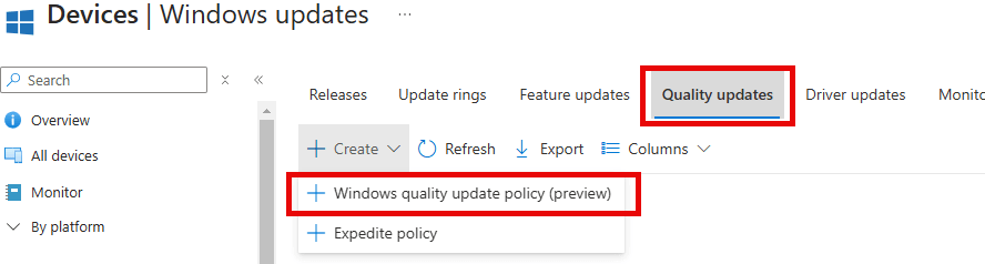 creating a new Windows Quality Update Policy (preview) to enable hotpatching