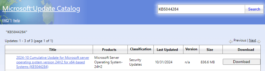 Microsoft Update Catalog showing the 2024-10 update for microsoft server