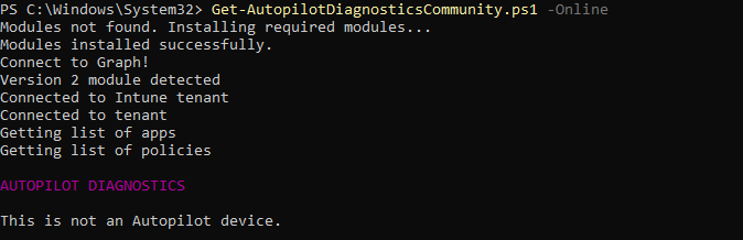 get-autopilotdiagnostics tool doesnt recognize the device as an autopilot device.