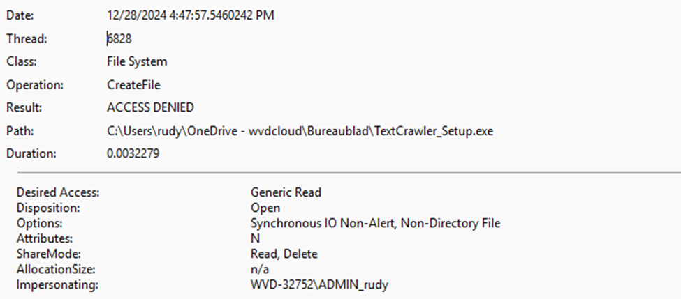 procmon will show us access denied when it tries to open the file on the desktop which is protected by personal data encryption. 0x80070043