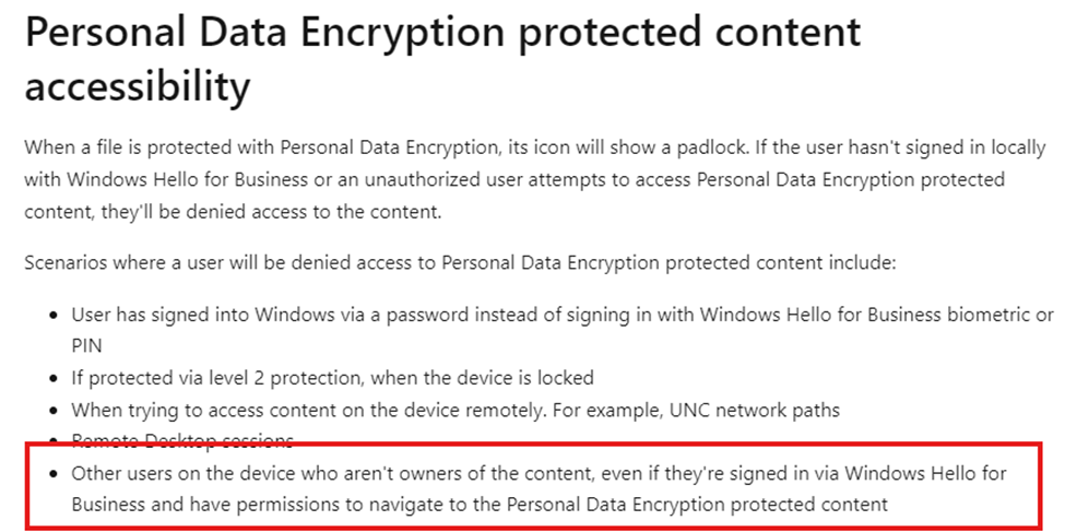 scenarios where a user will be denied access to personal data encryption protected content