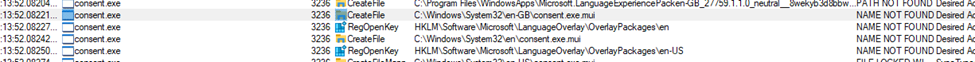 procmon showing that it could not find the consent.exe.mui in the en-gb MUI folder