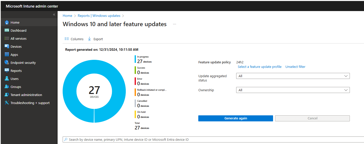 windows feature update report