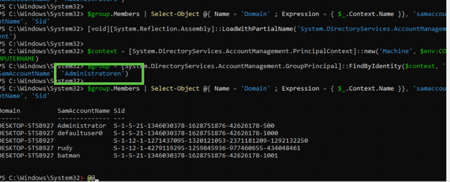 changing the existing powershell code to administratoren also showed me the members