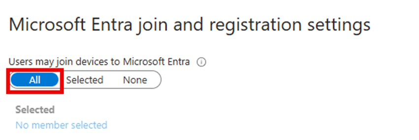 Microsoft Entra Joined and registration settings is configured to all