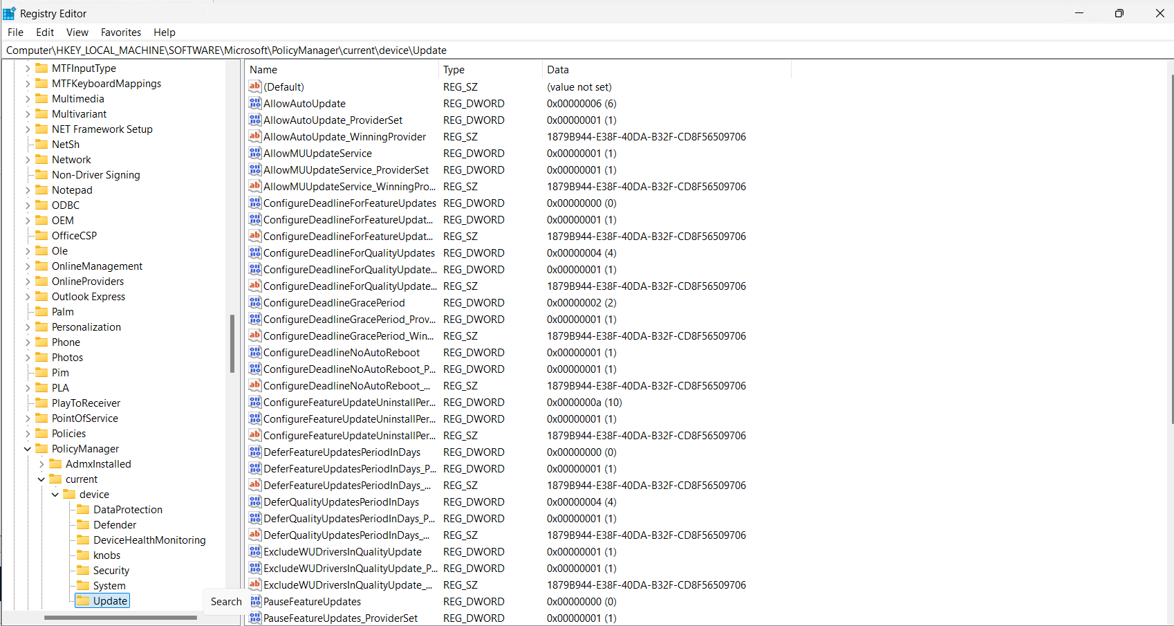 PolicyManager\current\device\Update  registry location showing the policies