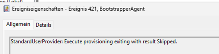 event 421 showing the standarduserprovider was skipped