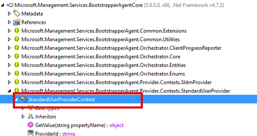 the bootstrapperagentcore.dll showing the standarduserprovider which was skipped