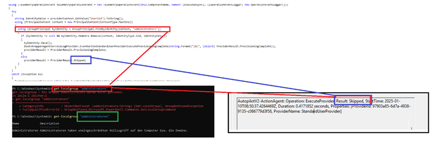 the reason why the standarduserprovider was skipped, was because the function failed to find the sid from the administrators group. Changing it to administratoren did find all the members