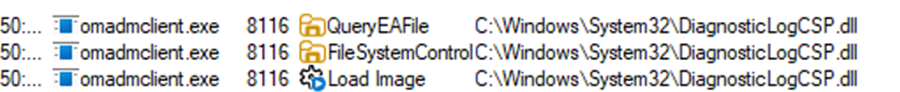 the omadmclient.exe loading the diagnosticslogcsp.dll