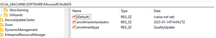 the WufbDS reigsty key only showing the qualityupdate enrollmenttype