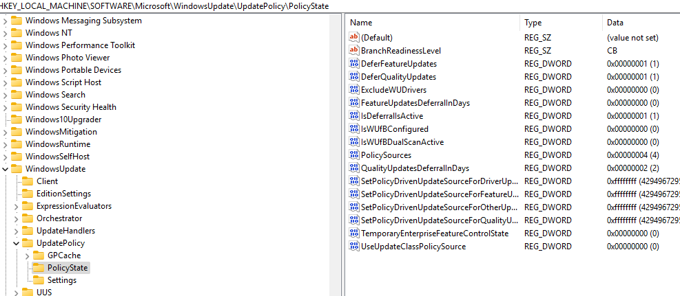 Windows Update Registry Settings showing the policystate and policysources