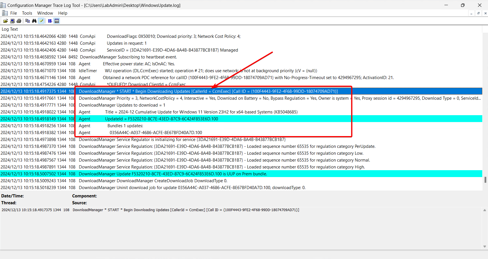 the download is handled by ccmexe as shown in the windowsupdate.log