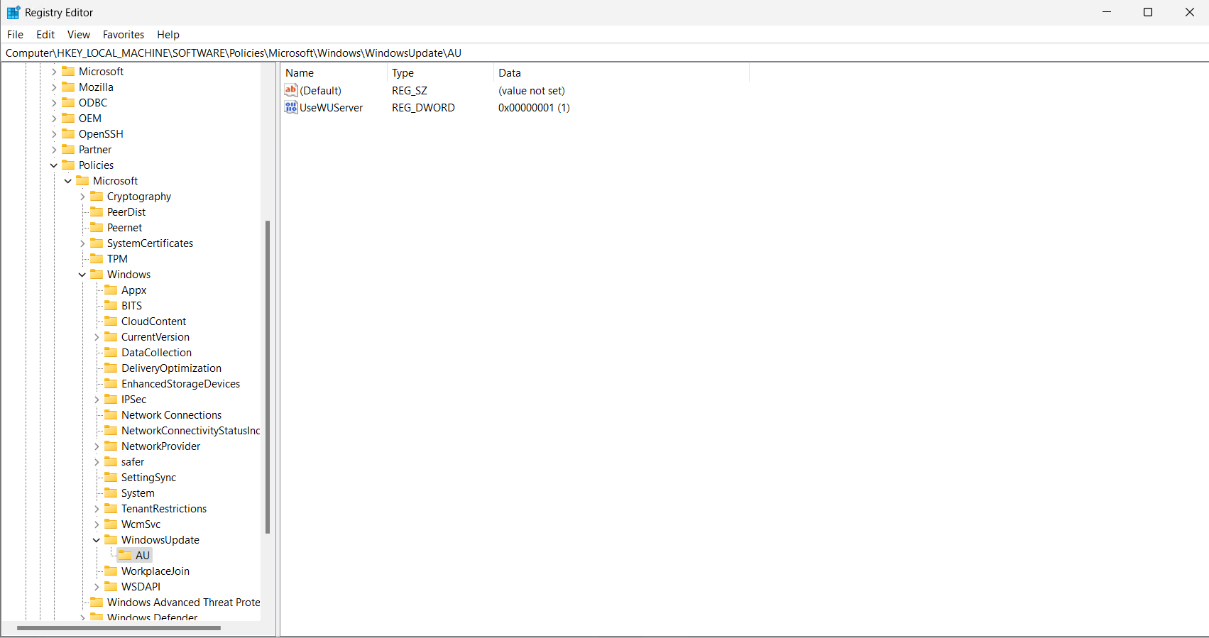 Windows Update Registry Settings showing the windowsupdate\au registr key