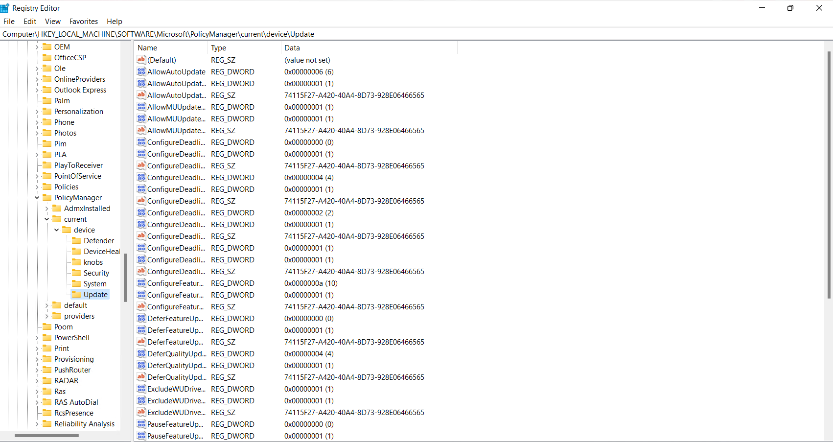 HKEY_LOCAL_MACHINE\SOFTWARE\Microsoft\PolicyManager\current\device\Update