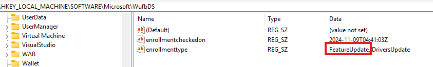 the wufbds registry key showing the enrollmenttype: featureupdate