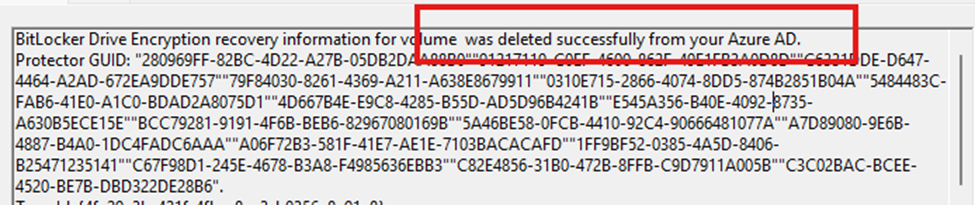 bitlocker drive encryption recovery information for volume was deleted successfully from your azure ad