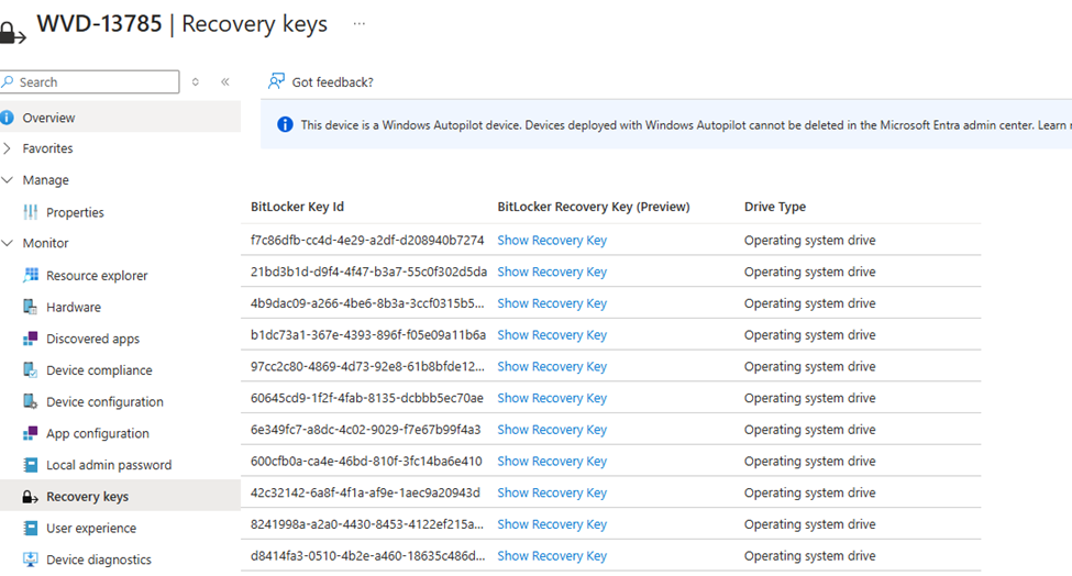 the device in entra shows 200 bitlocker recovery keys