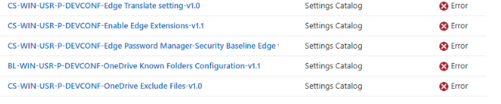 Edge and OneDrive Policies Settings Catalog Policies showing the 65000 error