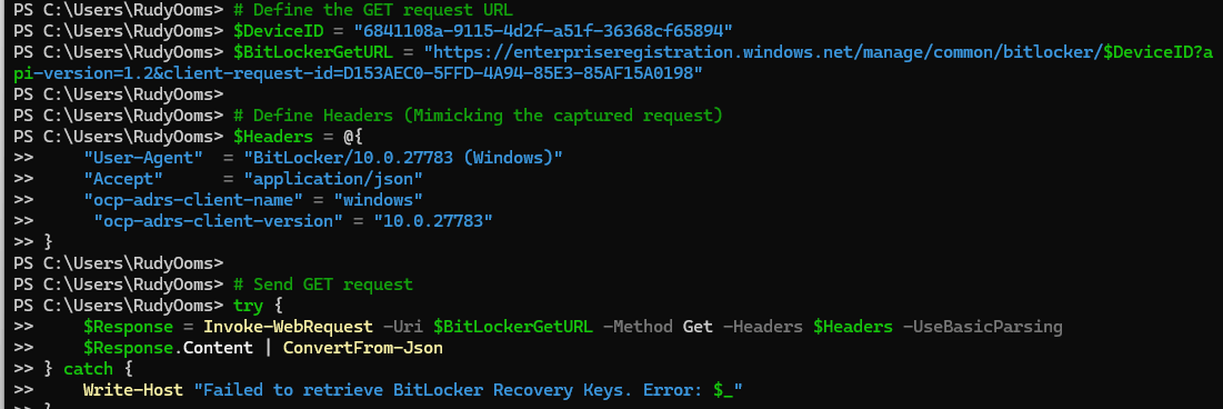 the powershell script to retrieve all the bitlocker recovery key ids