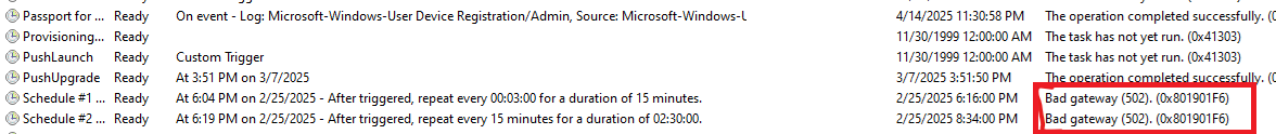 schedule 1 and schedule 2 of the linked enrollment showing an error: HTTP 502 Bad Gateway (0x801901F6)