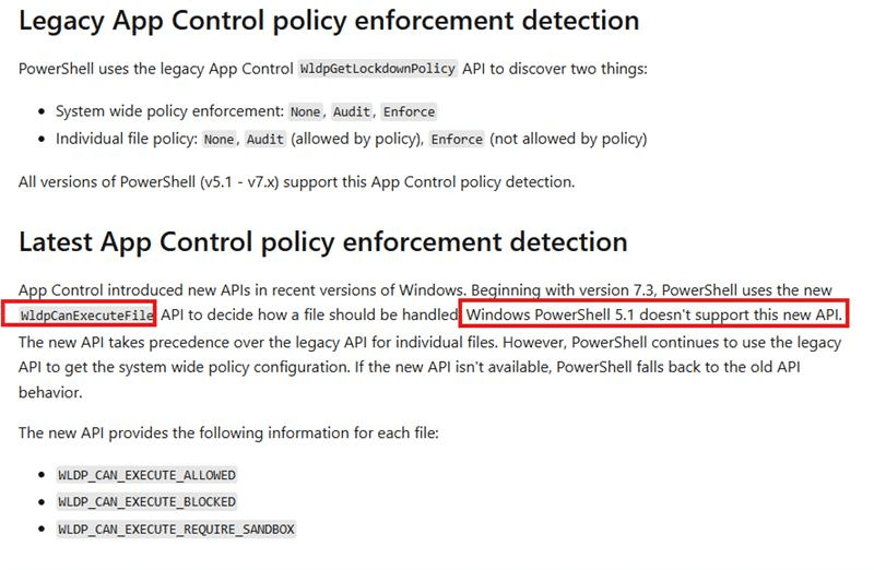 windows 11 24h2 powershell 5.1 doesn't support the wldpcanexecutefile api even when it's in the code