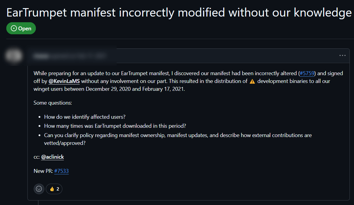 EarTrumpet WinGet manifest alteration in 2021