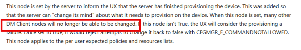 dmclient csp will no longer be able to be changed after the isserverprovisioningdone is set to 1 