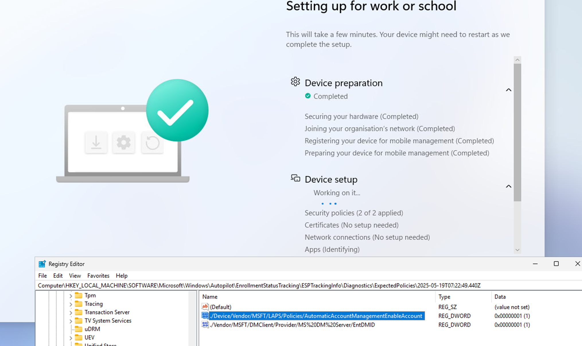 security policies during enrollment status page showing 2 of 2 applied