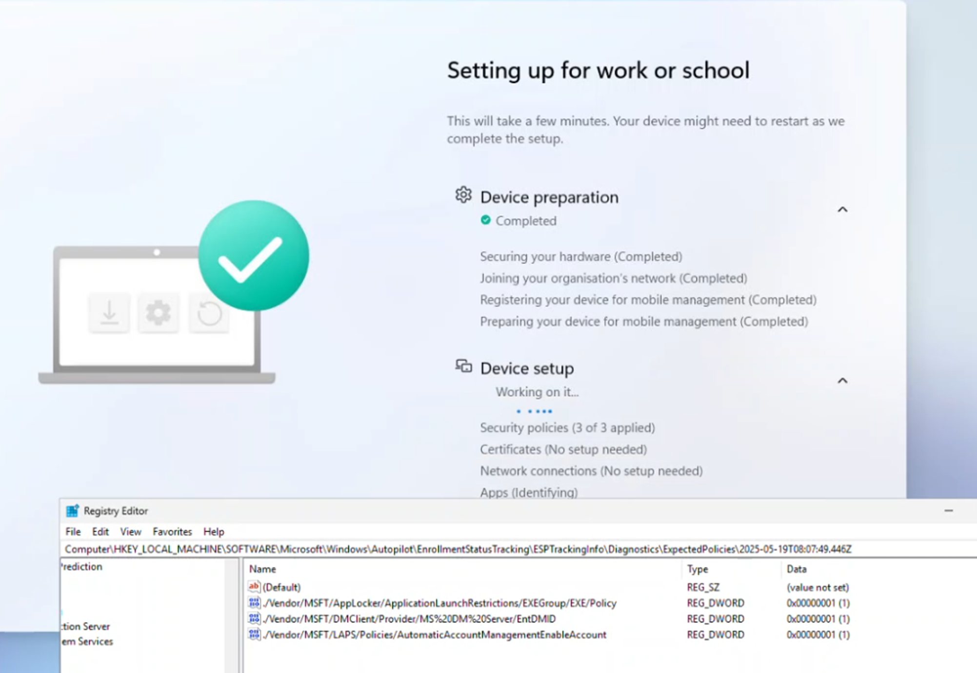 security policies during enrollment status page showing 3 of 3 applied
