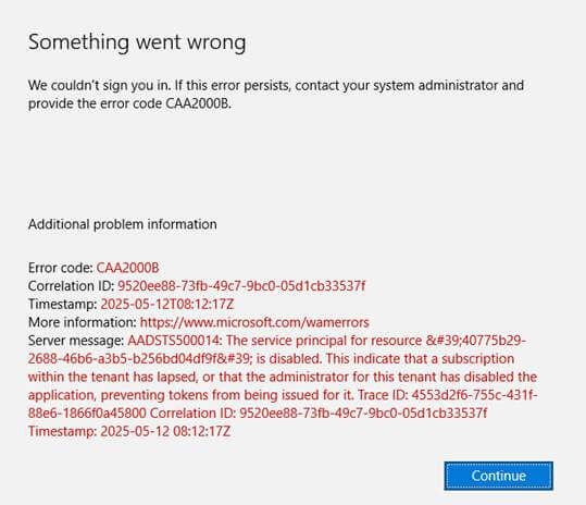something went wrong mentioning CAA2000B
AADSTS500014