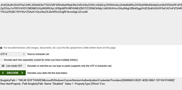 decode the base64 powershell script to find out that it disabled the PIN provider